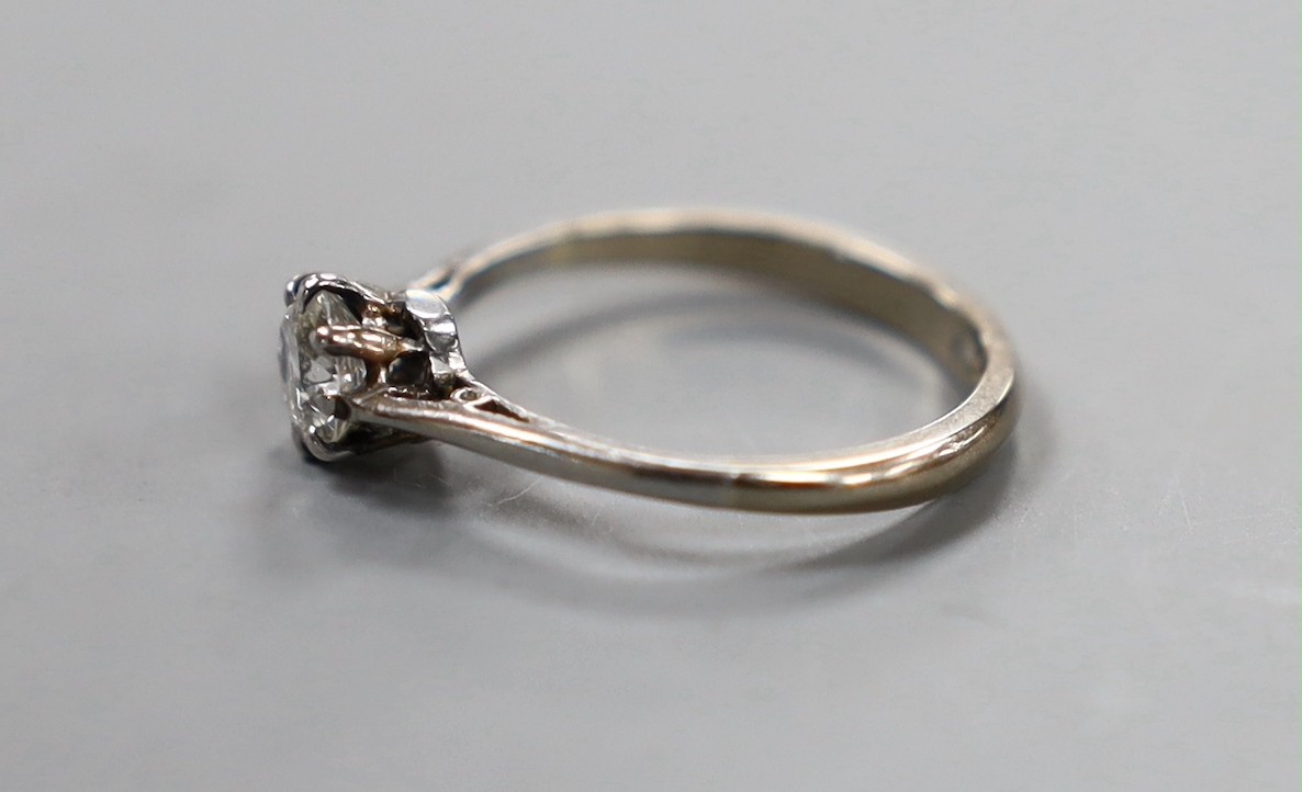 An 18ct and solitaire diamond ring, the stone weighing approx. 0.30ct, size J, gross weight 2.3 grams.